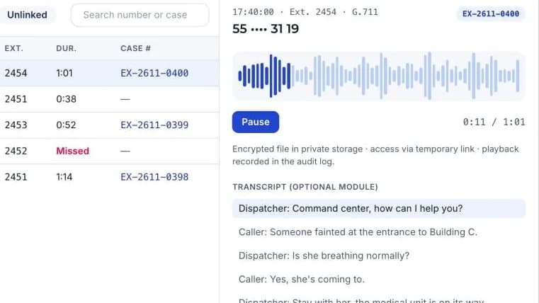 Screenshot of the simulation: Call recording