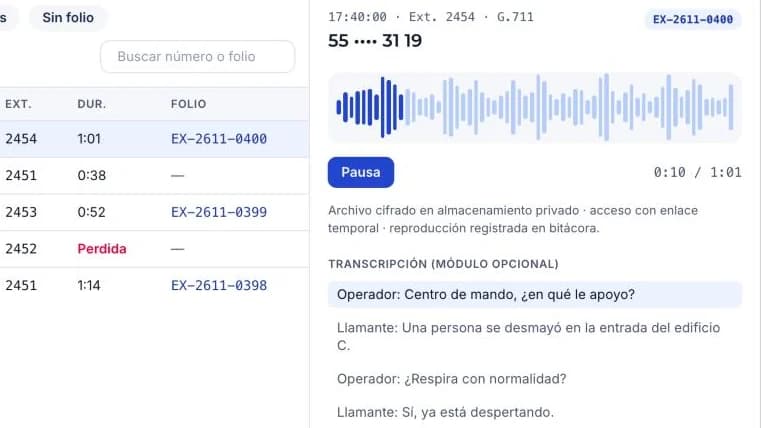 Captura de la simulación: Grabación de llamadas